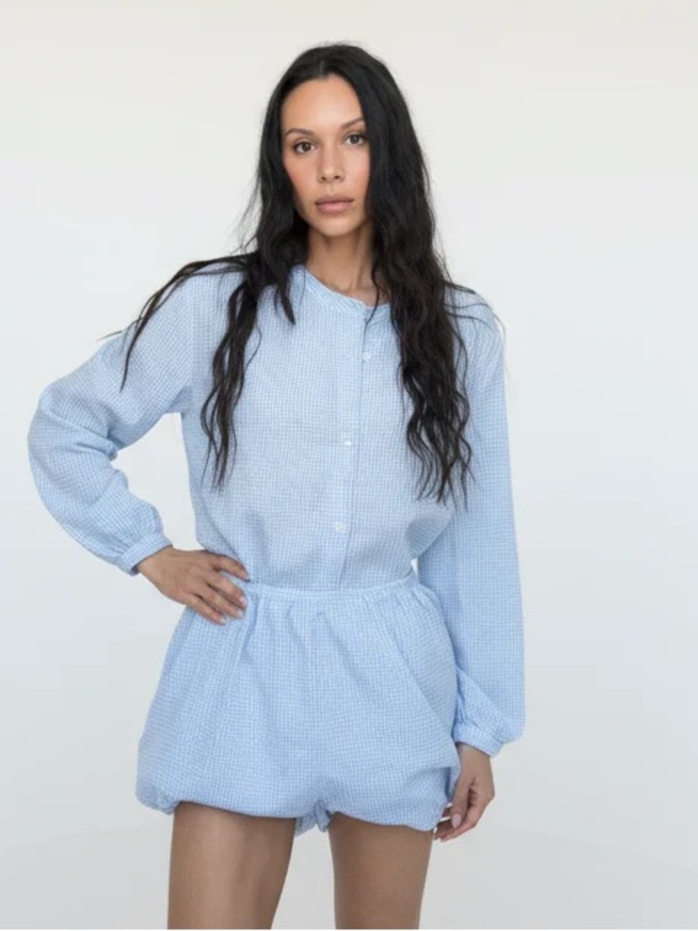 🆕 Light Blue Oversized Gingham Collarless Button Up Blouse - Picture 8 of 9